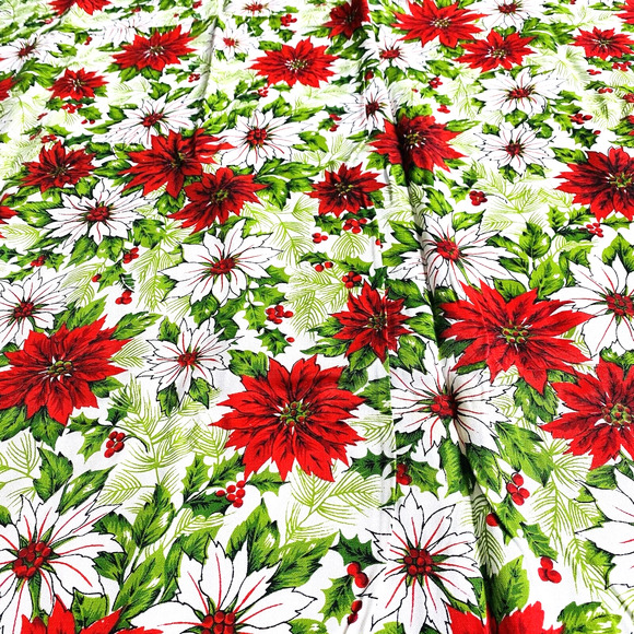 Vintage Christmas Tablecloth Cotton Blend Cloth Festive Red & White Poinsettias - Picture 8 of 8